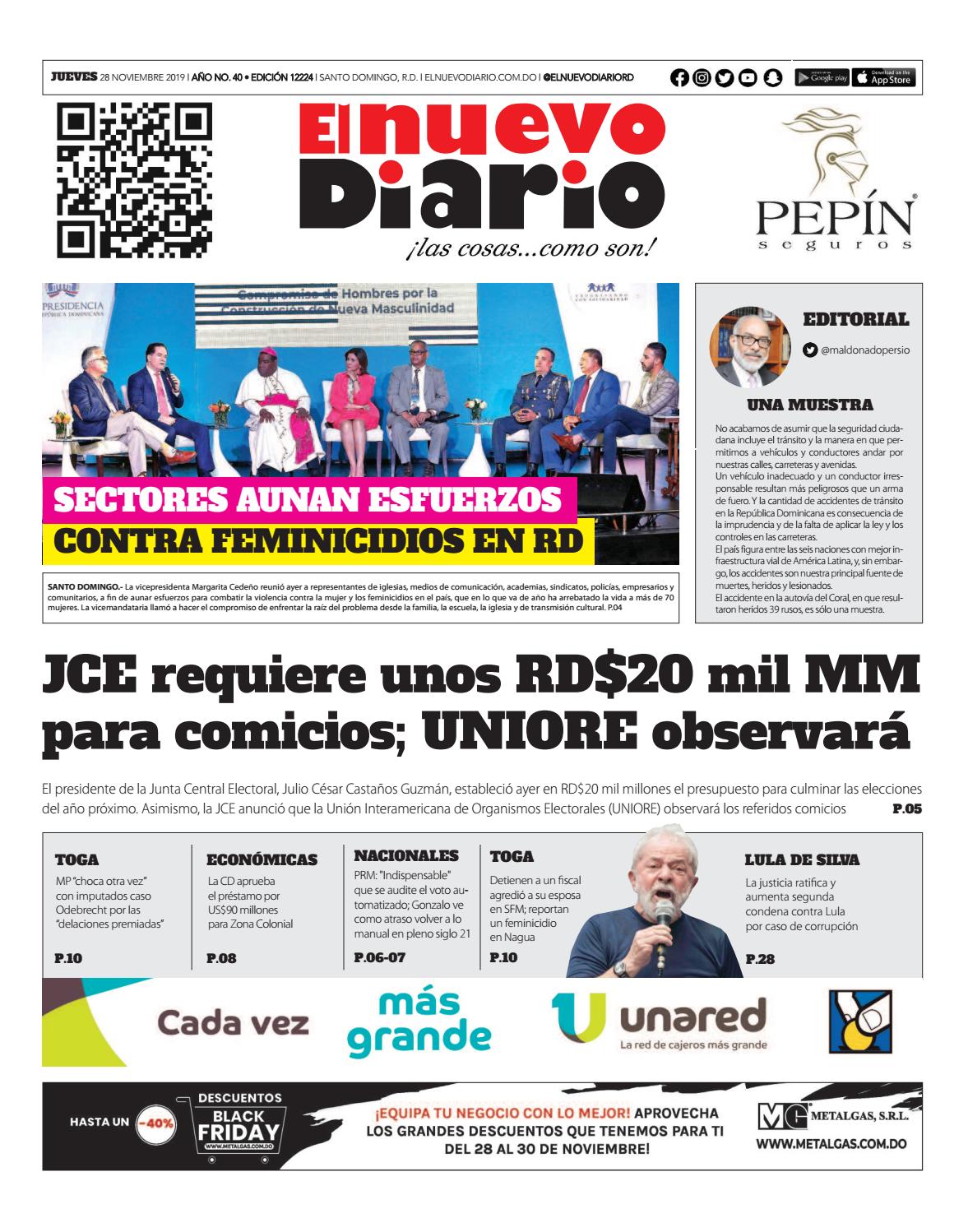 Portada Periódico El Nuevo Diario, Jueves 28 de Noviembre, 2019