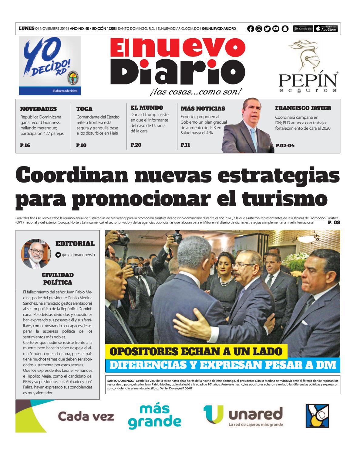 Portada Periódico El Nuevo Diario, Lunes 04 de Noviembre, 2019