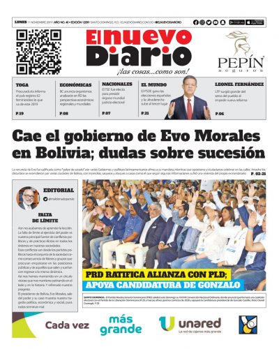 Portada Periódico El Nuevo Diario, Lunes 11 de Noviembre, 2019