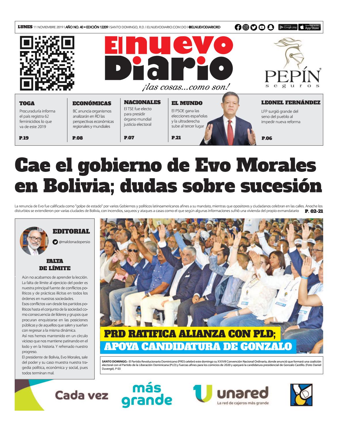 Portada Periódico El Nuevo Diario, Lunes 11 de Noviembre, 2019