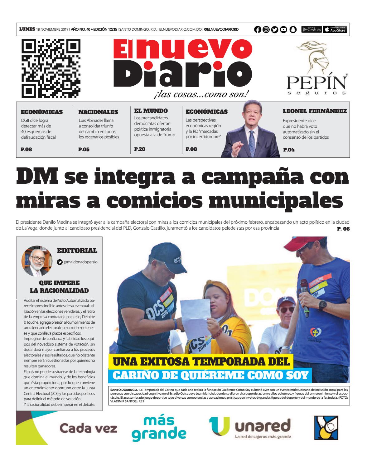 Portada Periódico El Nuevo Diario, Lunes 18 de Noviembre, 2019