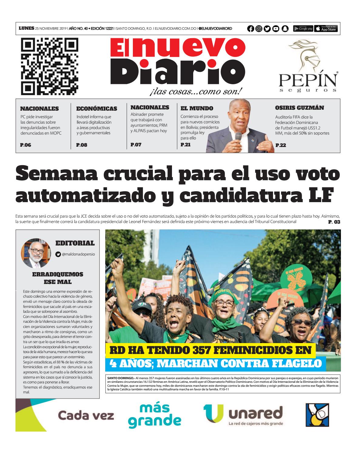 Portada Periódico El Nuevo Diario, Lunes 25 de Noviembre, 2019