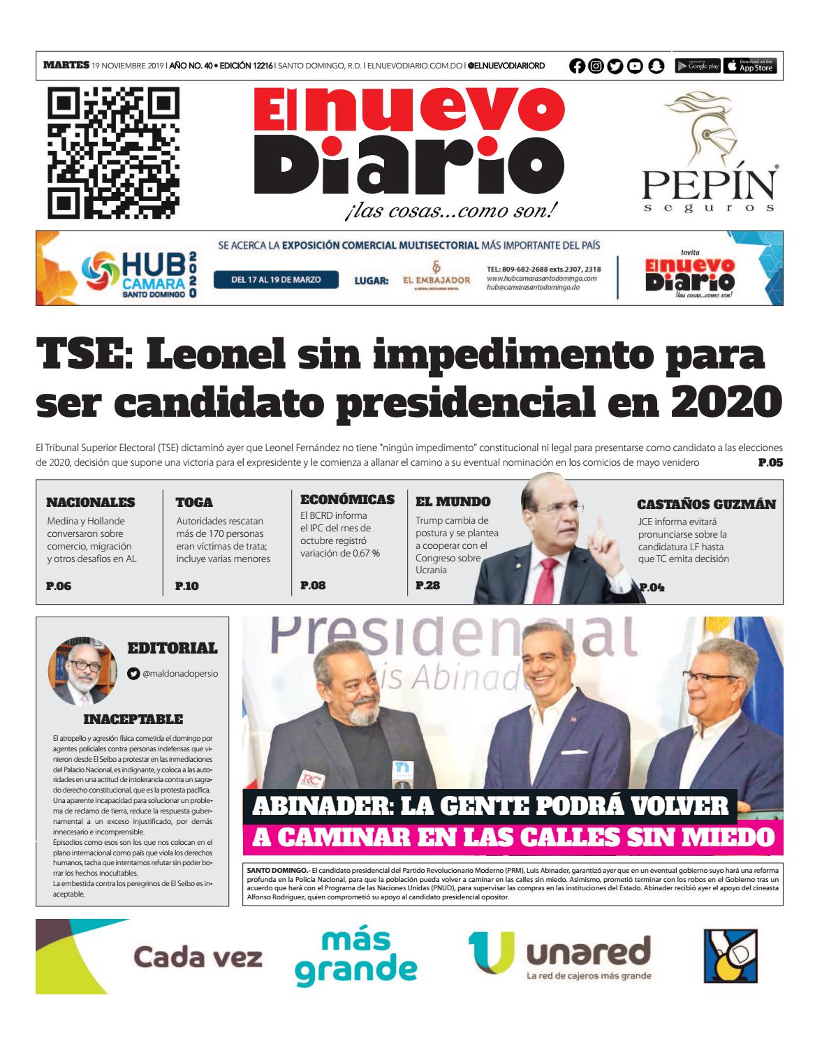 Portada Periódico El Nuevo Diario, Martes 19 de Noviembre, 2019