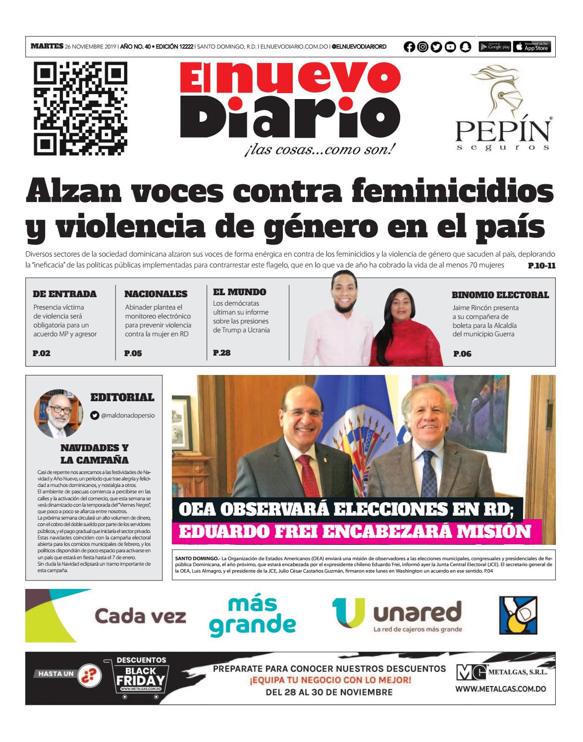 Portada Periódico El Nuevo Diario, Martes 26 de Noviembre, 2019
