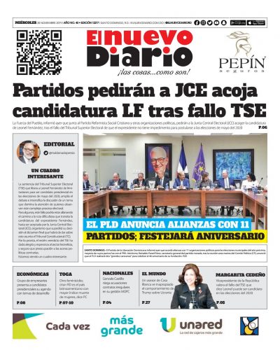 Portada Periódico El Nuevo Diario, Miércoles 20 de Noviembre, 2019