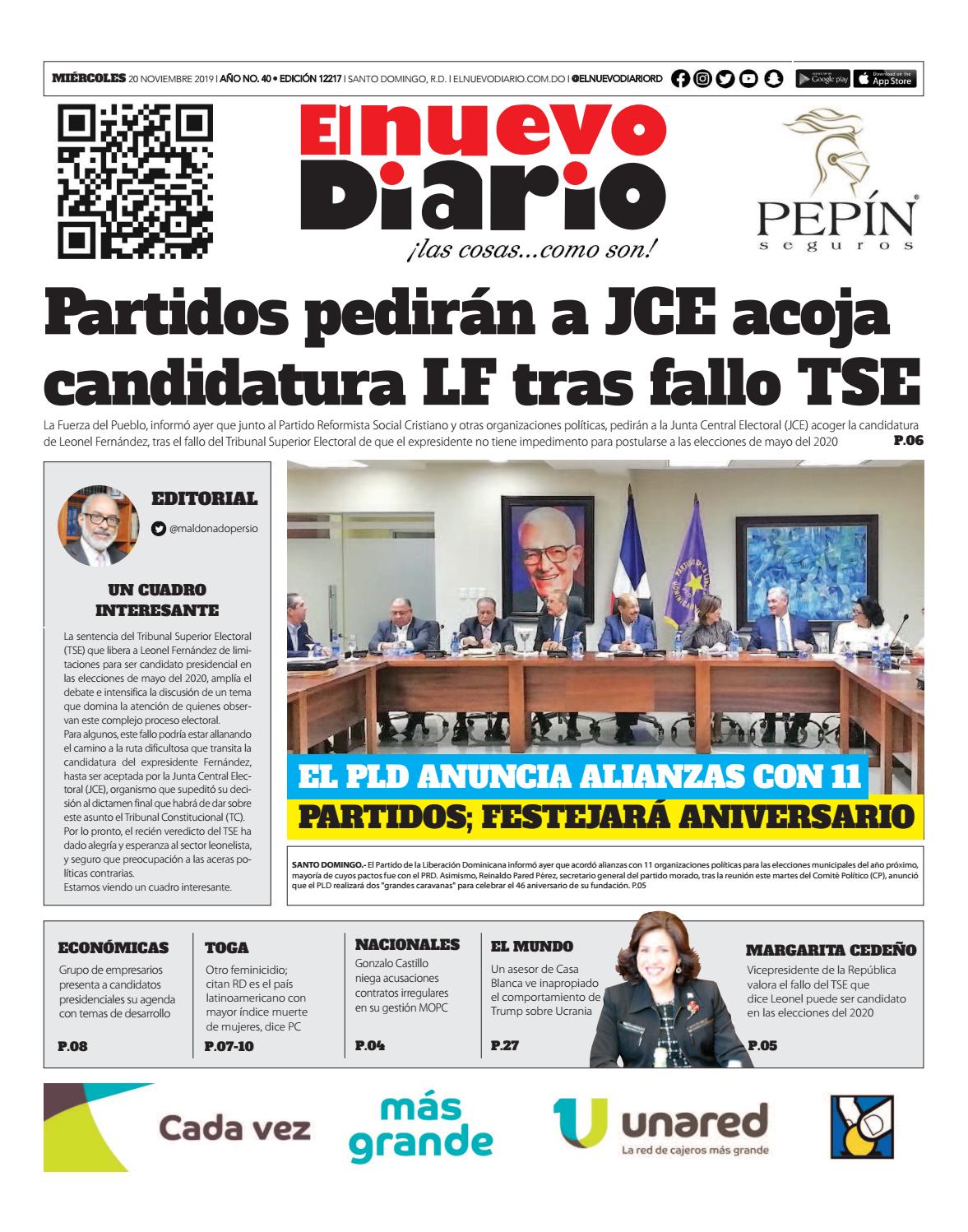 Portada Periódico El Nuevo Diario, Miércoles 20 de Noviembre, 2019