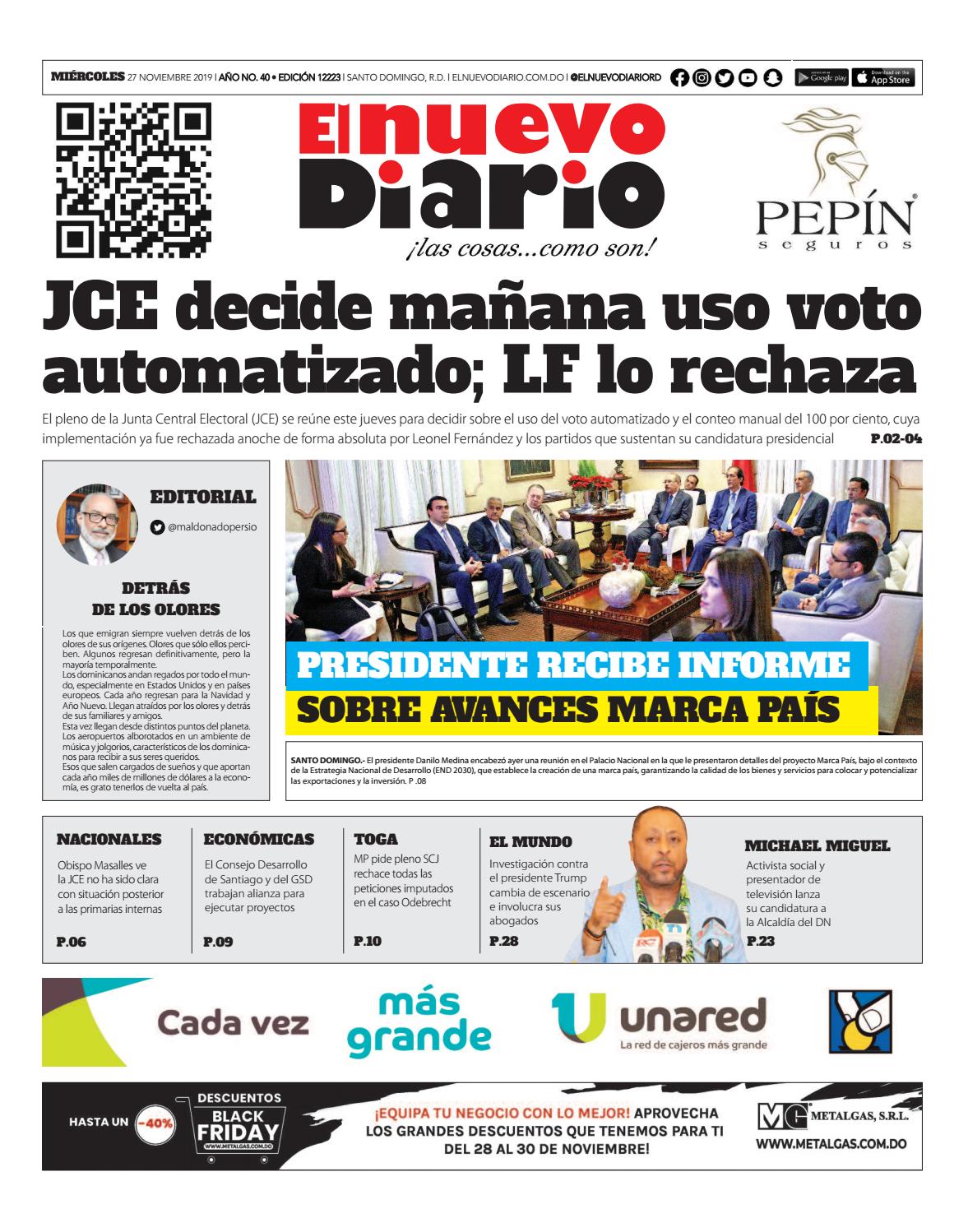 Portada Periódico El Nuevo Diario, Miércoles 27 de Noviembre, 2019