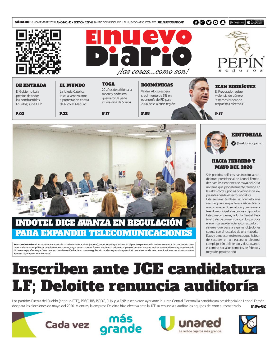 Portada Periódico El Nuevo Diario, Sábado 16 de Noviembre, 2019 Portada Periódico El Nuevo Diario, Sábado 16 de Noviembre, 2019