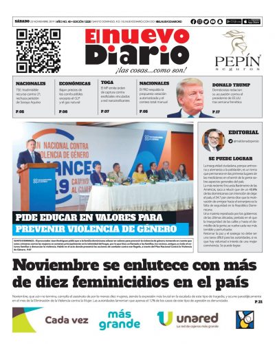 Portada Periódico El Nuevo Diario, Sábado 23 de Noviembre, 2019