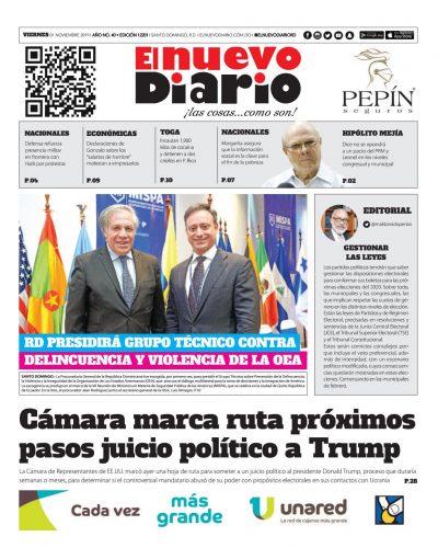 Portada Periódico El Nuevo Diario, Viernes 01 de Noviembre, 2019