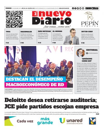 Portada Periódico El Nuevo Diario, Viernes 15 de Noviembre, 2019