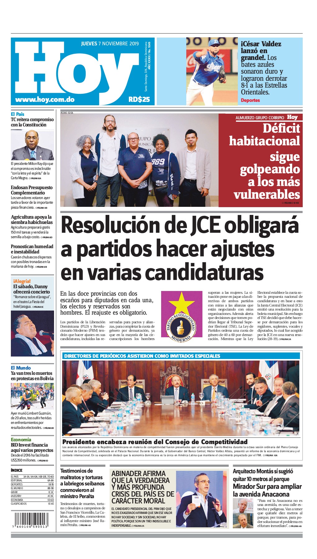 Portada Periódico Hoy, Jueves 07 de Noviembre, 2019