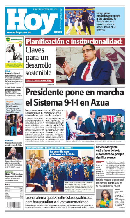 Portada Periódico Hoy, Jueves 14 de Noviembre, 2019
