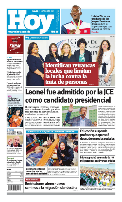 Portada Periódico Hoy, Jueves 21 de Noviembre, 2019