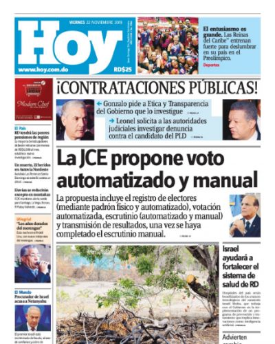 Portada Periódico Hoy, Jueves 22 de Noviembre, 2019