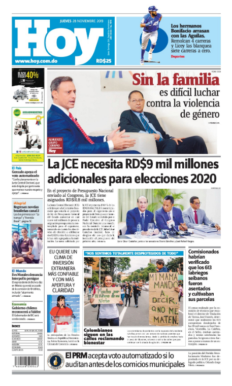 Portada Periódico Hoy, Jueves 28 de Noviembre, 2019