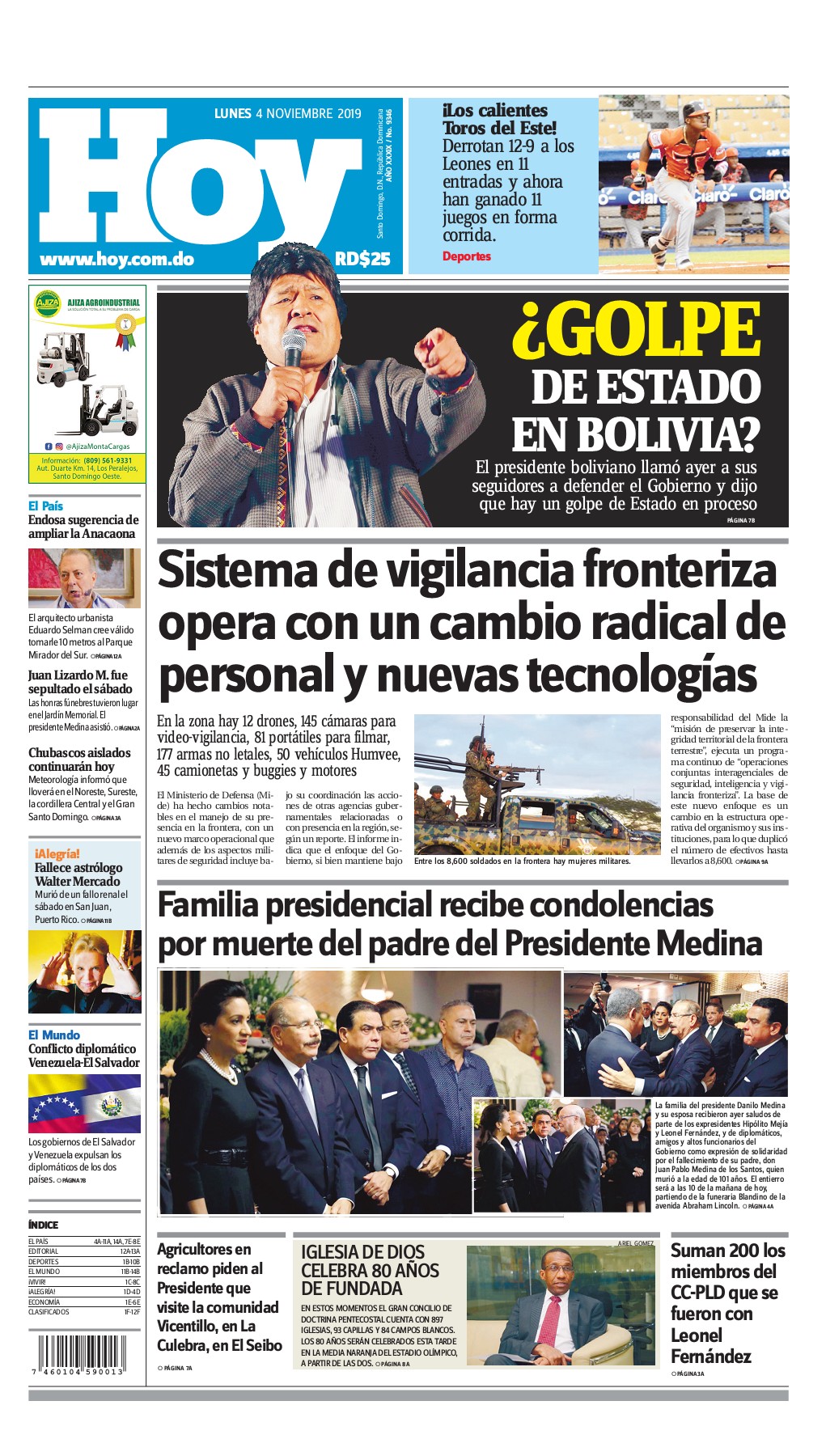 Portada Periódico Hoy, Lunes 04 de Noviembre, 2019