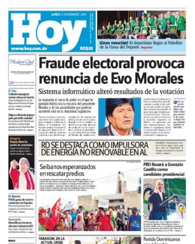 Portada Periódico Hoy, Lunes 11 de Noviembre, 2019