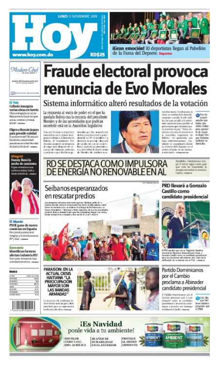 Portada Periódico Hoy, Lunes 11 de Noviembre, 2019