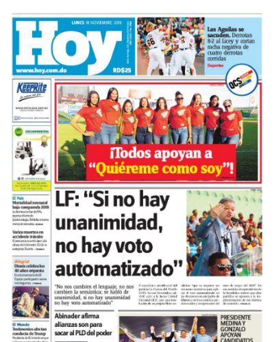 Portada Periódico Hoy, Lunes 18 de Noviembre, 2019