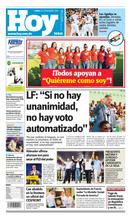 Portada Periódico Hoy, Lunes 18 de Noviembre, 2019