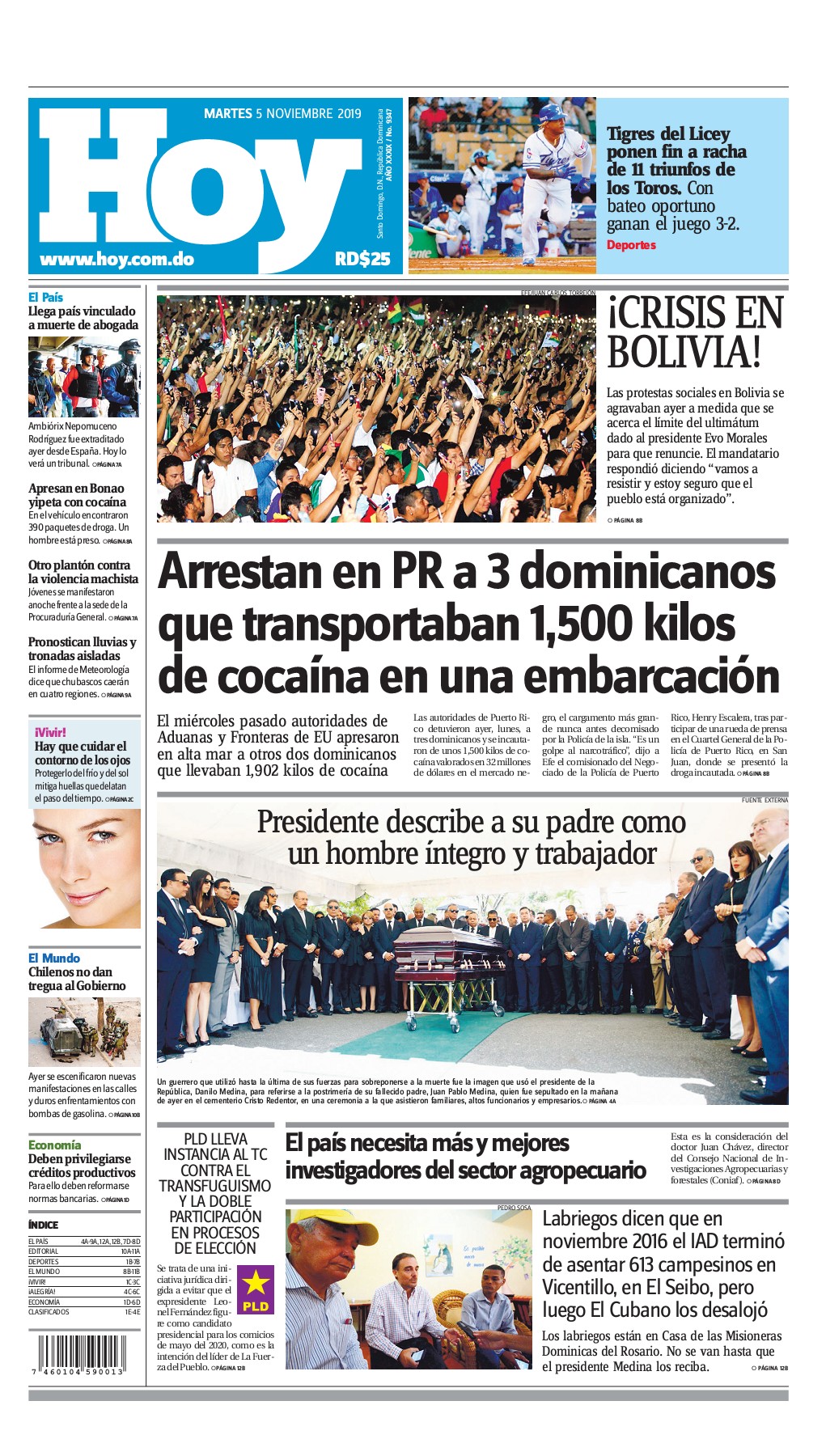 Portada Periódico Hoy, Martes 05 de Noviembre, 2019