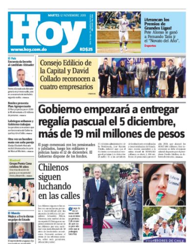 Portada Periódico Hoy, Martes 12 de Noviembre, 2019