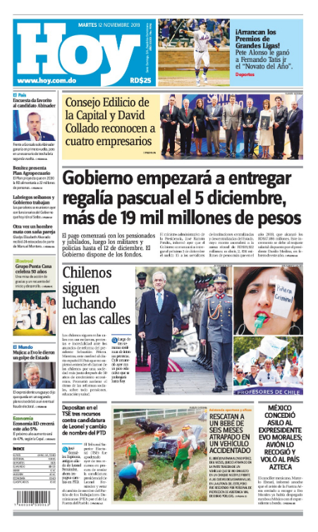 Portada Periódico Hoy, Martes 12 de Noviembre, 2019