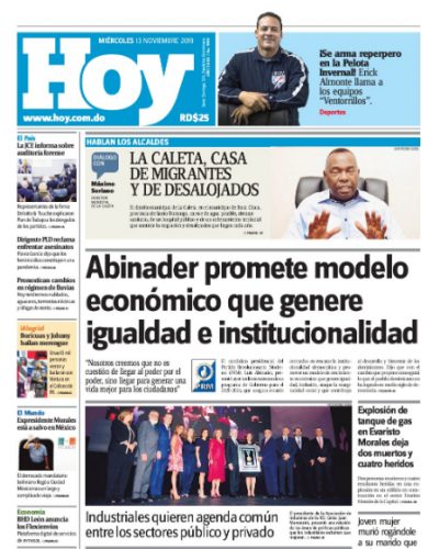 Portada Periódico Hoy, Miércoles 13 de Noviembre, 2019