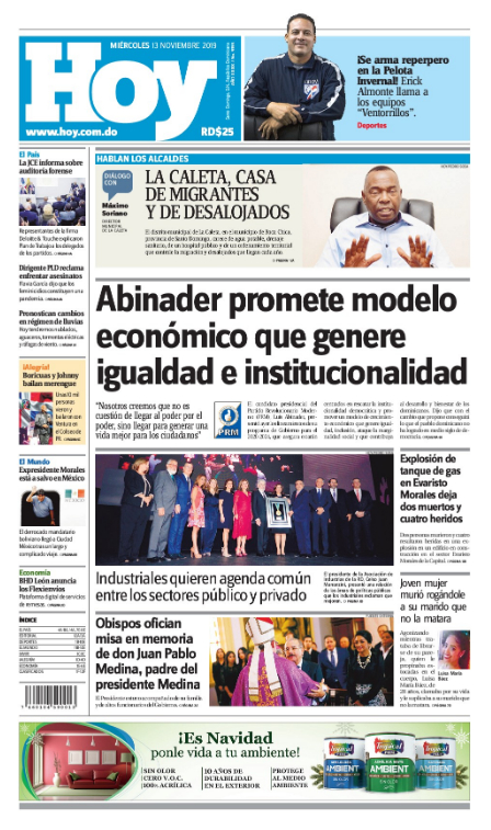 Portada Periódico Hoy, Miércoles 13 de Noviembre, 2019