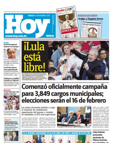 Portada Periódico Hoy, Sábado 09 de Noviembre, 2019