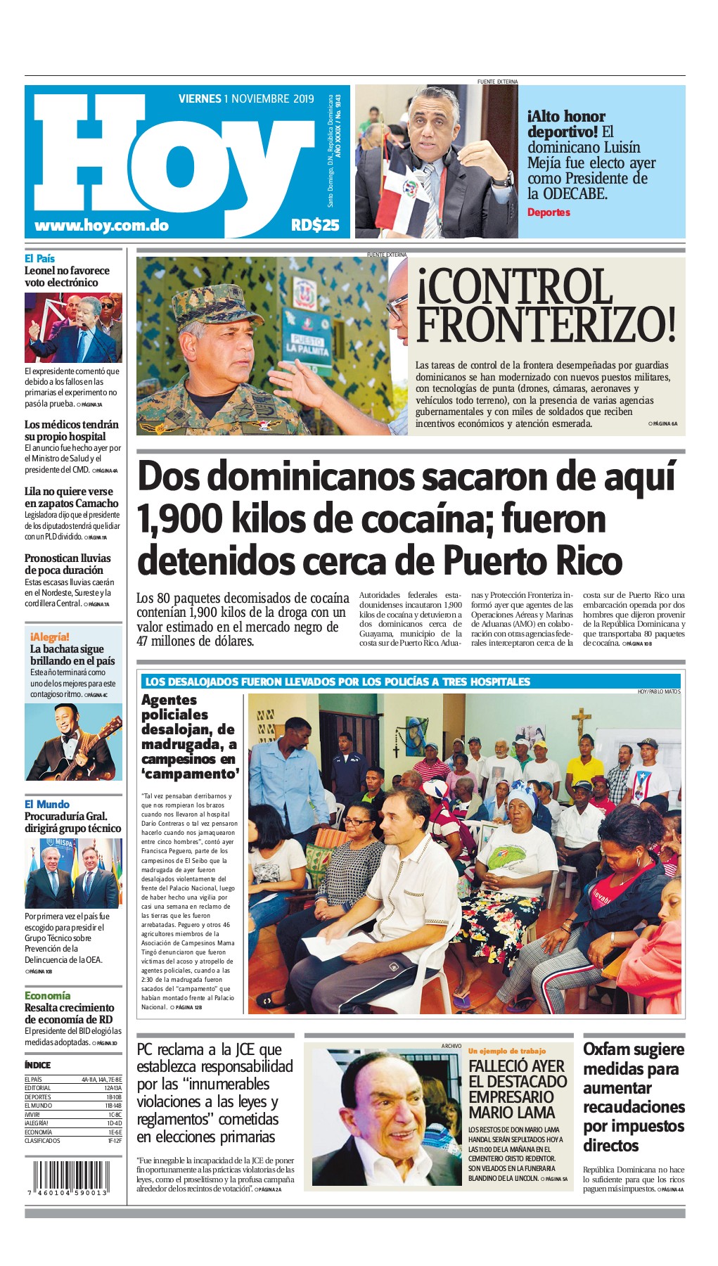 Portada Periódico Hoy, Viernes 01 de Noviembre, 2019