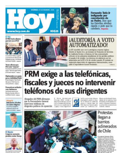 Portada Periódico Hoy, Viernes 08 de Noviembre, 2019