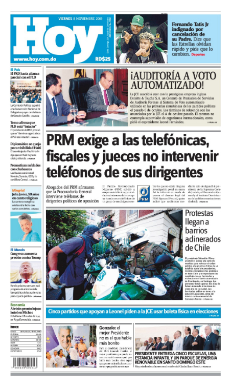 Portada Periódico Hoy, Viernes 08 de Noviembre, 2019