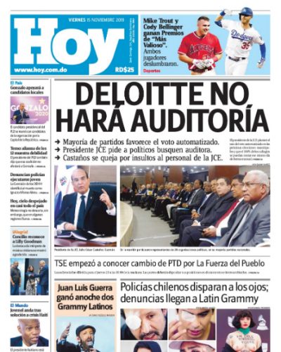 Portada Periódico Hoy, Viernes 15 de Noviembre, 2019