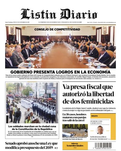 Portada Periódico Listín Diario, Jueves 07 de Noviembre, 2019