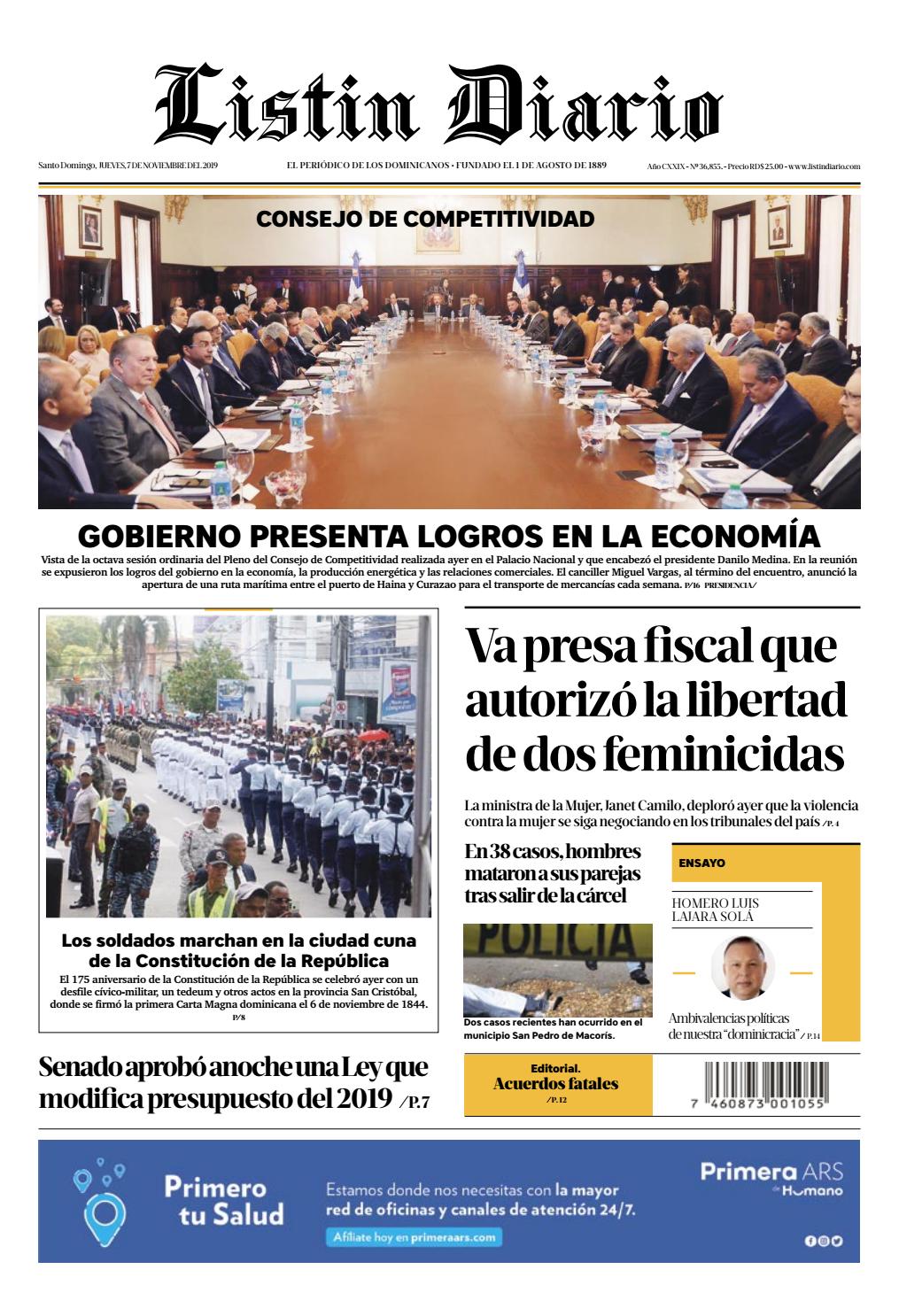 Portada Periódico Listín Diario, Jueves 07 de Noviembre, 2019