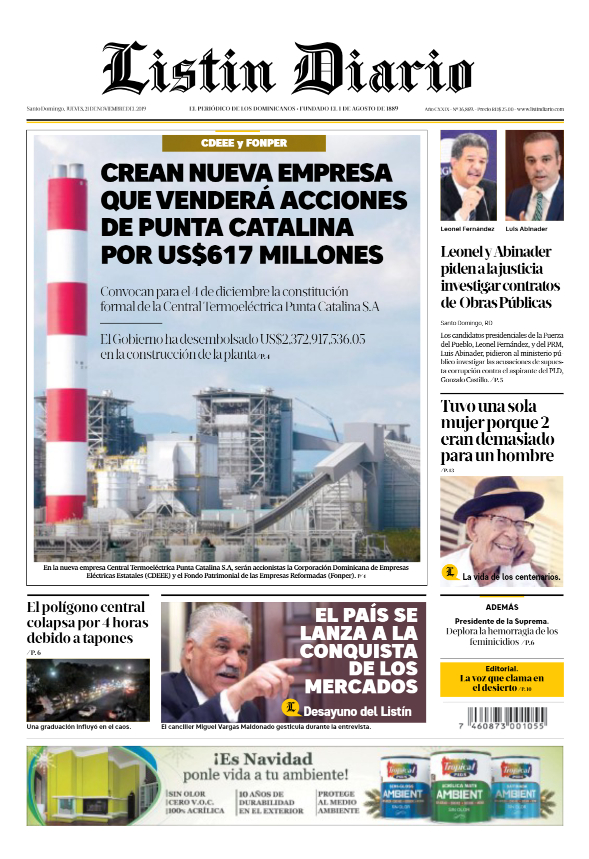 Portada Periódico Listín Diario, Jueves 21 de Noviembre, 2019