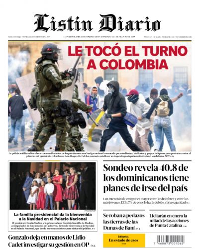 Portada Periódico Listín Diario, Jueves 22 de Noviembre, 2019