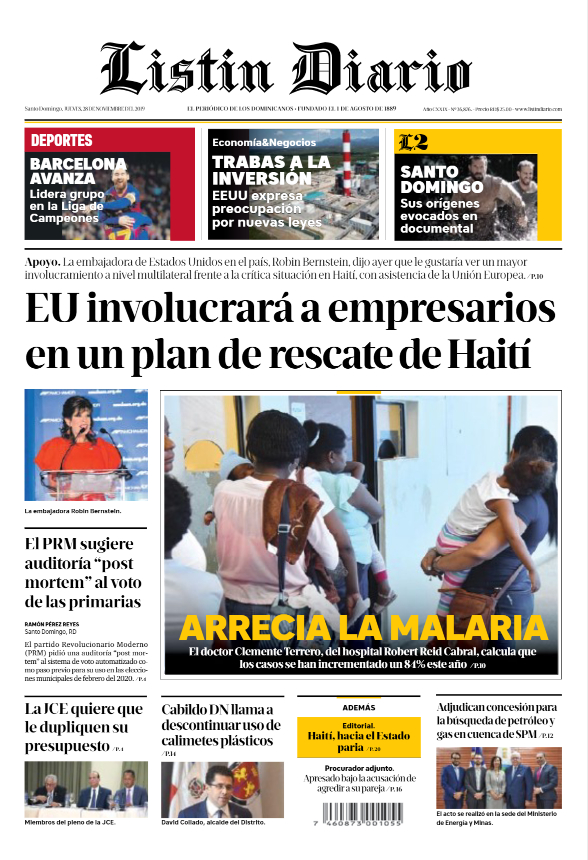 Portada Periódico Listín Diario, Jueves 28 de Noviembre, 2019