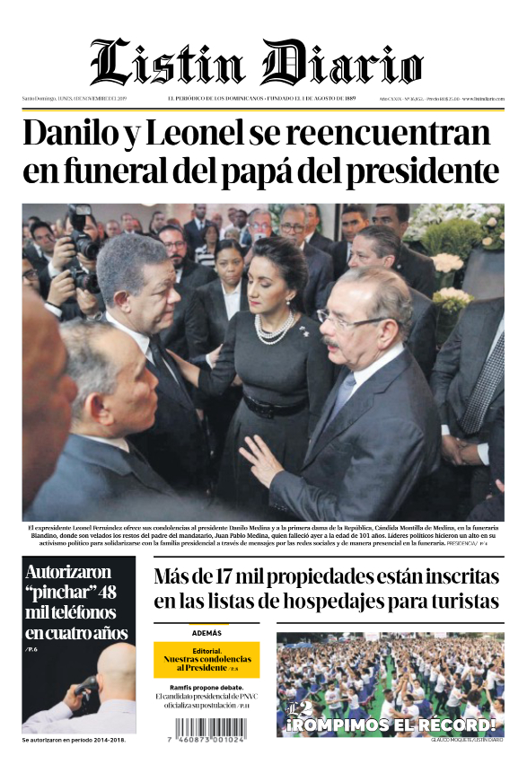 Portada Periódico Listín Diario, Lunes 04 de Noviembre, 2019