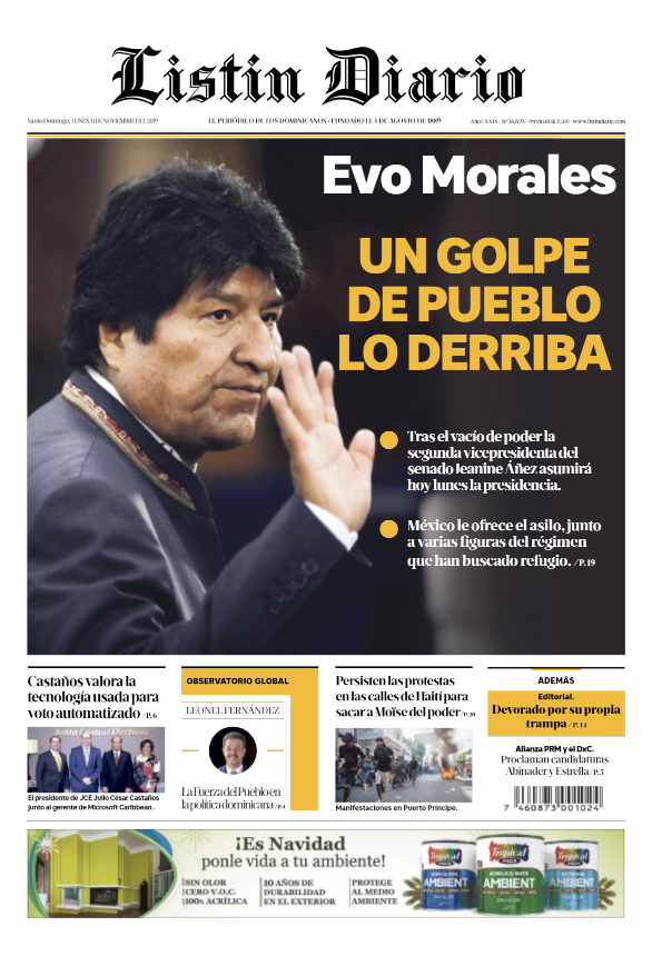 Portada Periódico Listín Diario, Lunes 11 de Noviembre, 2019