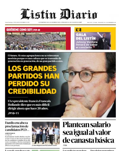 Portada Periódico Listín Diario, Lunes 18 de Noviembre, 2019