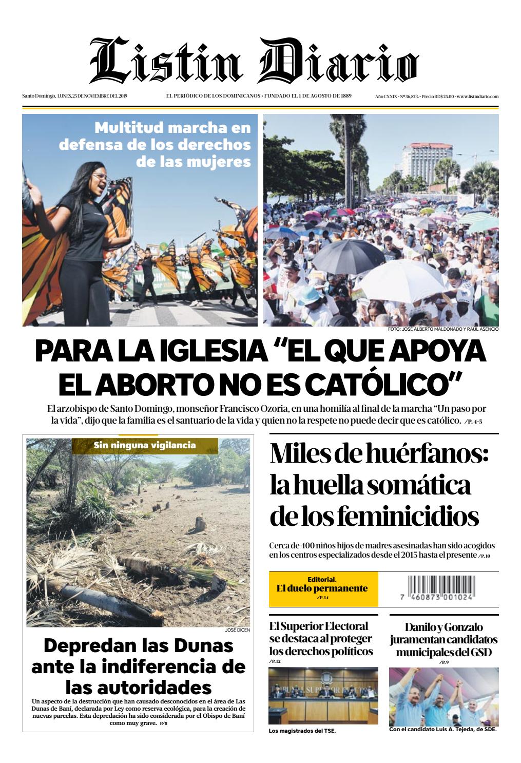Portada Periódico Listín Diario, Lunes 25 de Noviembre, 2019
