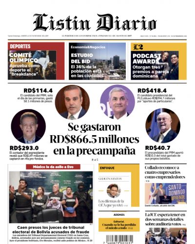 Portada Periódico Listín Diario, Martes 12 de Noviembre, 2019