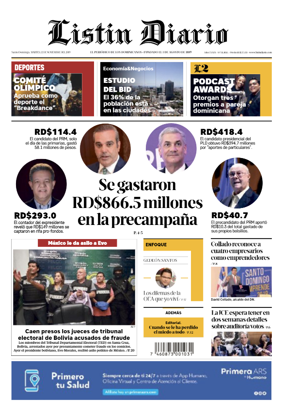 Portada Periódico Listín Diario, Martes 12 de Noviembre, 2019