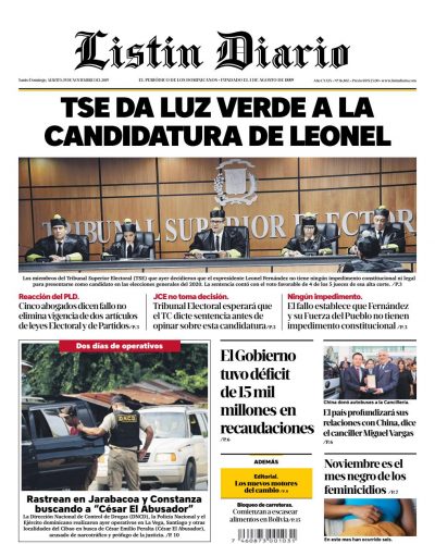 Portada Periódico Listín Diario, Martes 19 de Noviembre, 2019