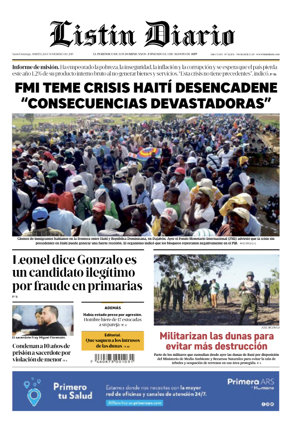 Portada Periódico Listín Diario, Martes 26 de Noviembre, 2019