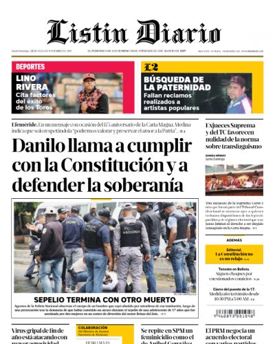 Portada Periódico Listín Diario, Miércoles 06 de Noviembre, 2019