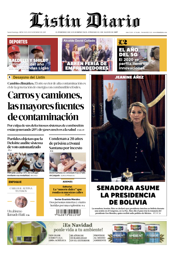 Portada Periódico Listín Diario, Miércoles 13 de Noviembre, 2019